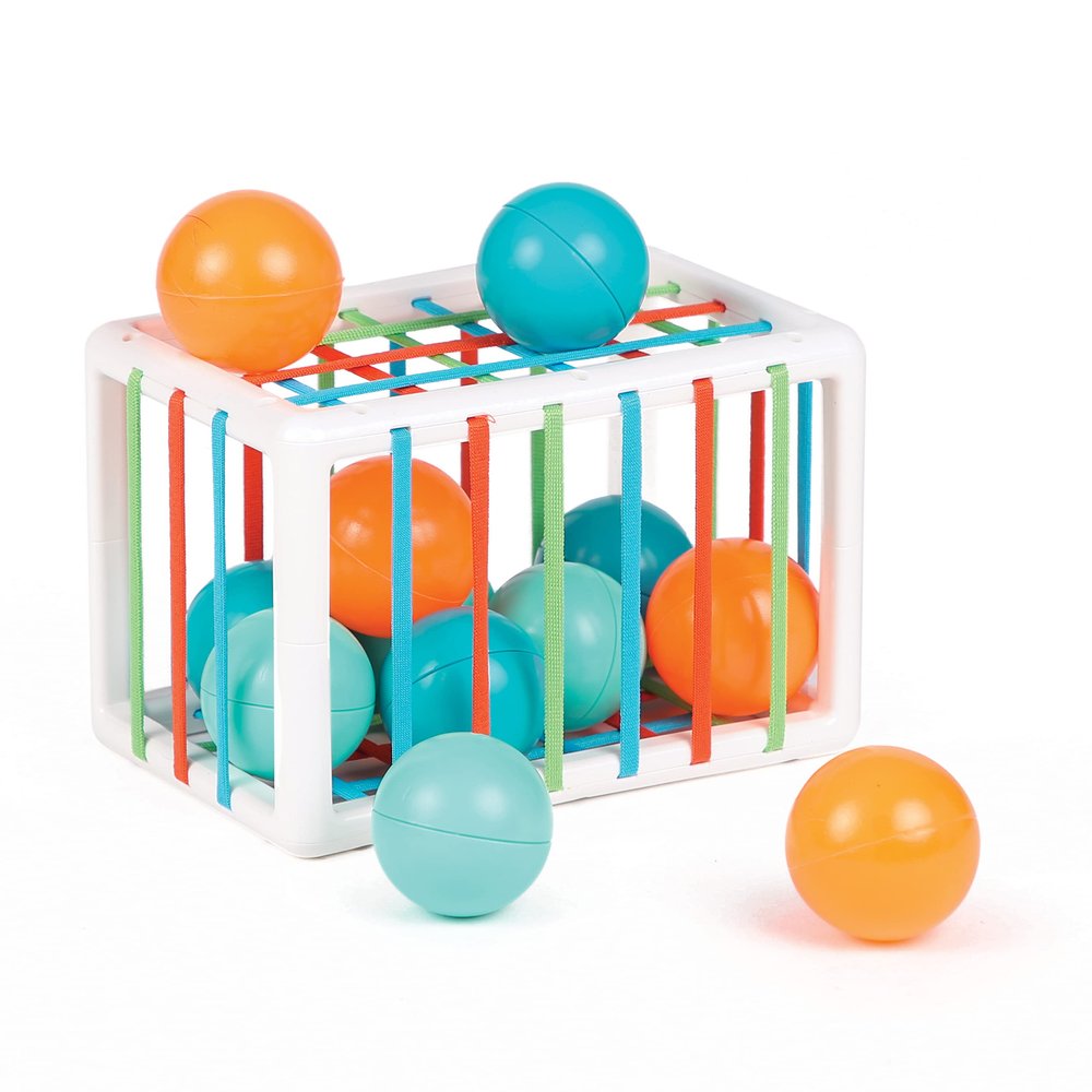 Ludi - Handling Cube - Early Learning Toys for Babies from 10 Months - Develops Thought, Fine Motor Skills, Touch & Discovery - 1 Elastic Cube + 12 Orange & Blue Balls with Funny Sound