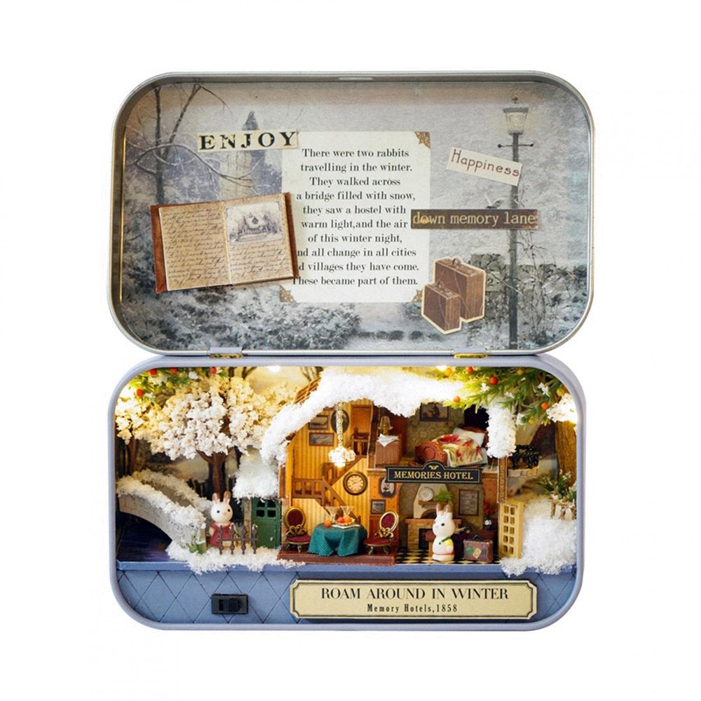 Joyzan DIY Miniature Dollhouse, 3D Furniture Wooden Doll House Box Kit with LED Light Dust Proof Cover Mini Handmade Iron Theater Room Model Accessories Teens Adult Romantic Valentine's Birthday Gift