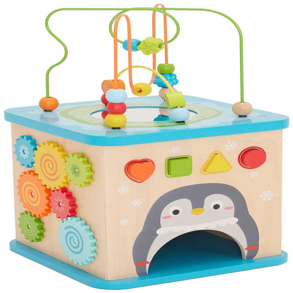 Amazon Basics Kids Wooden Educational Activity Learning Cube Toy, Gift for Toddlers Age 12M+, Developmental Shape Sorter, Multicolor, 13.4x22.5x13.4inches