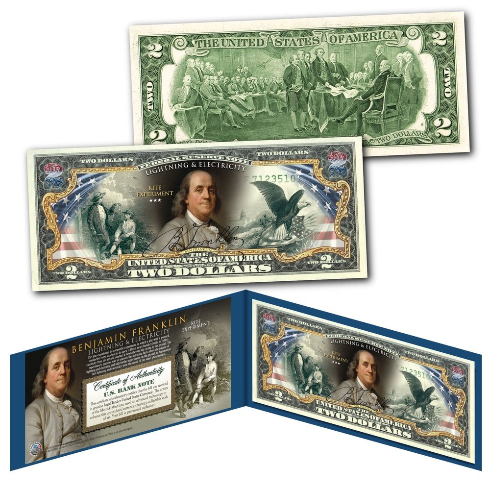 Ben Franklin Lightning & Electricity Kite Experiment Americana United States $2 Bill Collectible Art with Certificate and Display