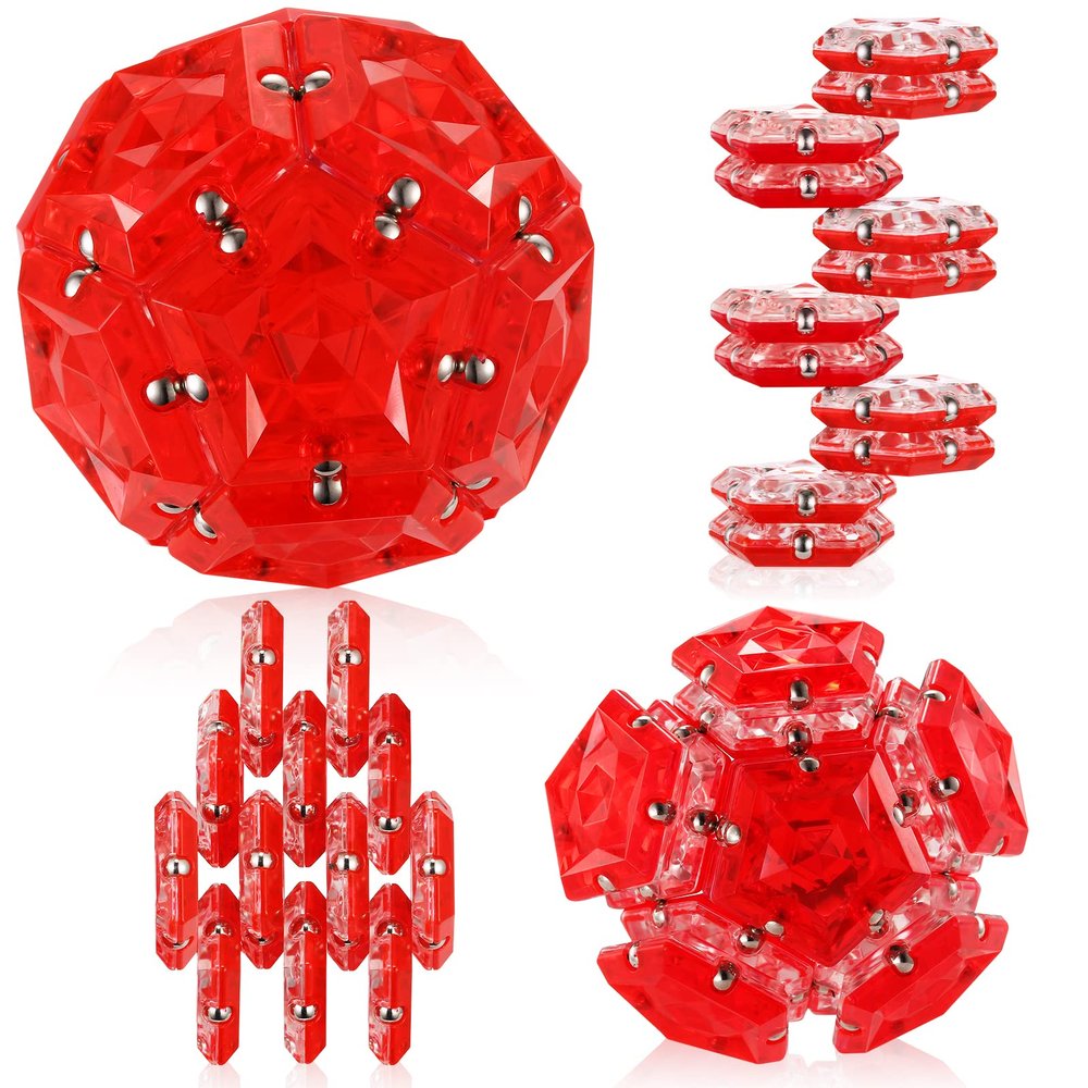 RoomyRoc Magnetic Fidget Sphere - Pentagons Magnets Balls - 12 Piece Set - Crystal Red - Magnet Fidgets Toy - Creativity Beyond Imagination, Inspirational, Recreational, Desk Toys for Adults