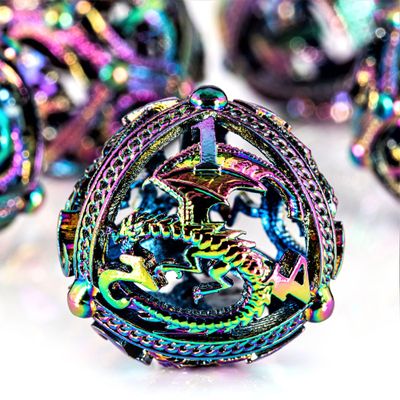 Metal DND Dice Set - Unique Round Hollow Orb Design for Better Rolling - Beautiful Dragon Set for Role Playing Games (RPG) - Stunning D&D Dungeons and Dragons Dice (Rainbow)