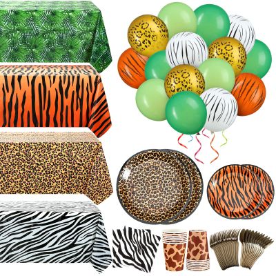 Jerify 169 Pieces Jungle Safari Zoo Animal Print Birthday Party Supplies Including Paper Plates Leopard Giraffe Cups Napkins Jungle Tablecloth Cheetah Table Cover Balloons Spoons Fork Party Decoration