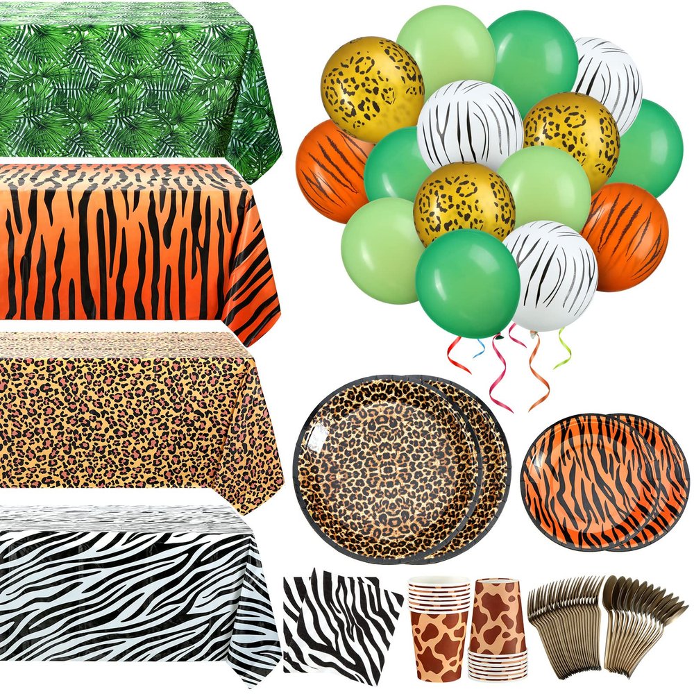 Jerify 169 Pieces Jungle Safari Zoo Animal Print Birthday Party Supplies Including Paper Plates Leopard Giraffe Cups Napkins Jungle Tablecloth Cheetah Table Cover Balloons Spoons Fork Party Decoration