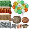 Jerify 169 Pieces Jungle Safari Zoo Animal Print Birthday Party Supplies Including Paper Plates Leopard Giraffe Cups Napkins Jungle Tablecloth Cheetah Table Cover Balloons Spoons Fork Party Decoration view 1