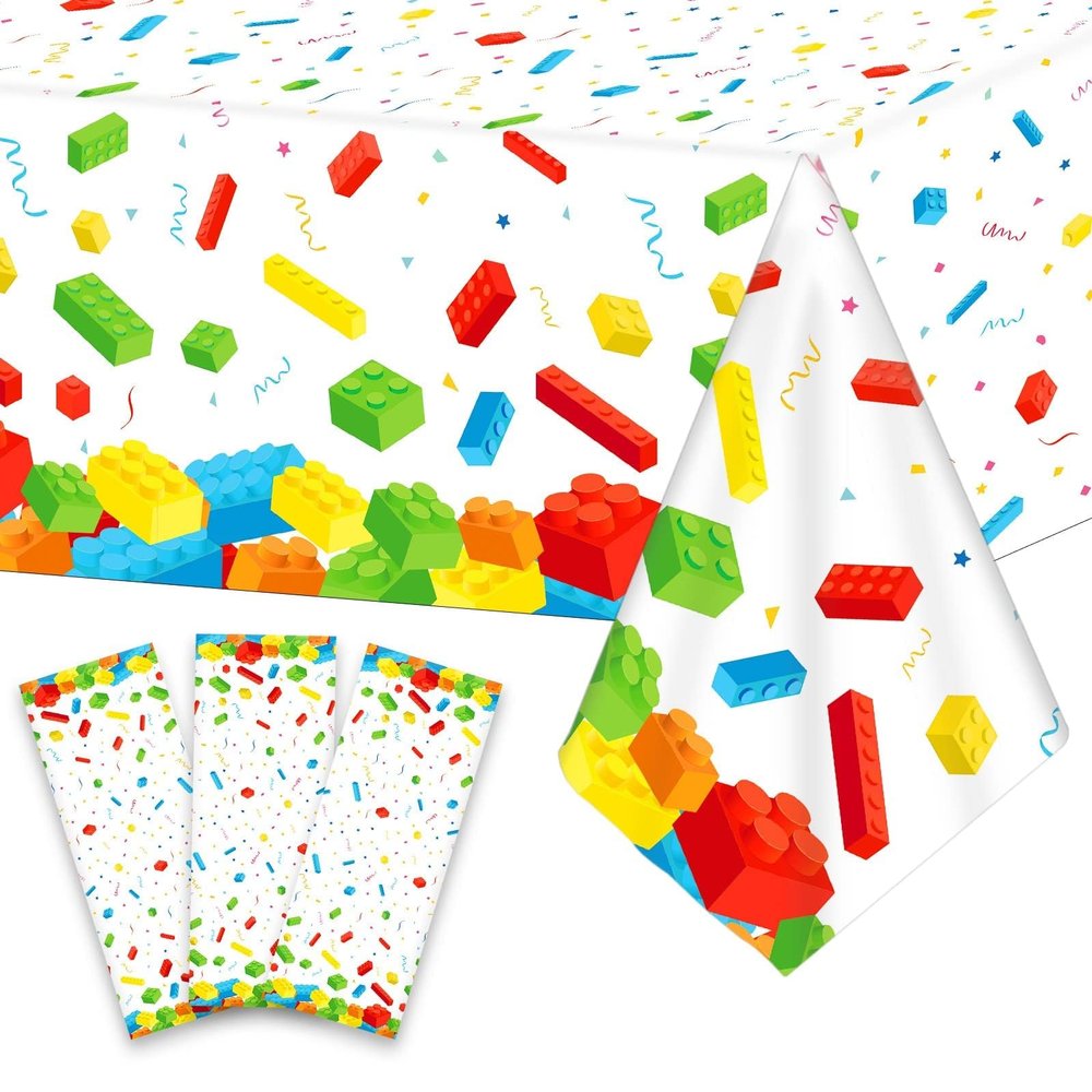 3 Pcs Building Blocks Tablecloth 105 x 54 inches - Building Blocks Theme Party Decorations Disposable Plastic Table Cover for Children Kids Birthday Party Decor Supplies Favors (White)