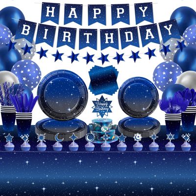 221 Pack Space Galaxy Party Supplies Ramadan Decoration Starry Night Tableware Set Space Birthday Banner Star Garlands Outer Tablecloth Galaxy Planet Themed Birthday Party Decorations Serves 20