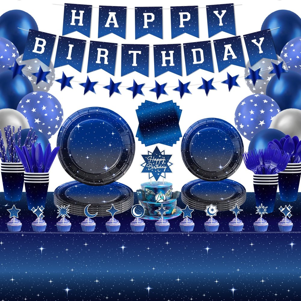 221 Pack Space Galaxy Party Supplies Ramadan Decoration Starry Night Tableware Set Space Birthday Banner Star Garlands Outer Tablecloth Galaxy Planet Themed Birthday Party Decorations Serves 20