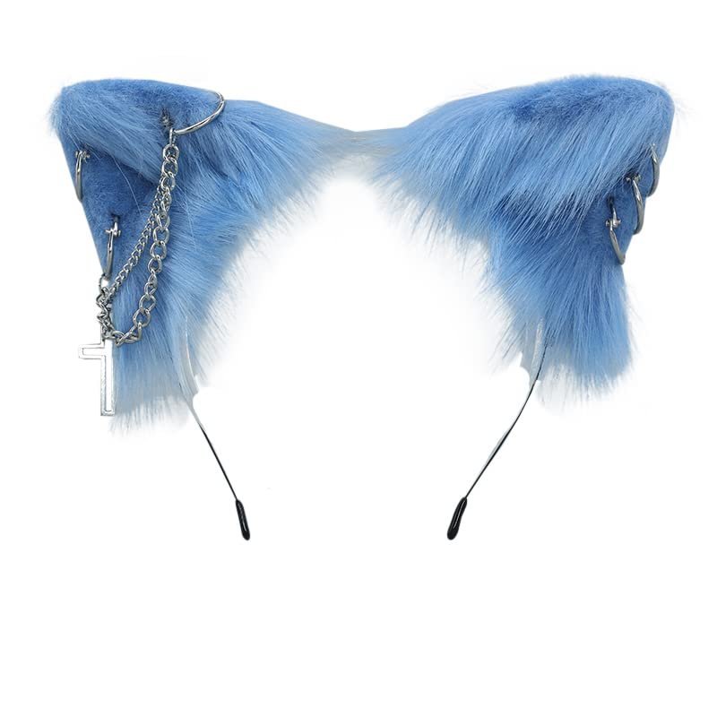 VIGVAN Cat Cosplay Ears Accessories Punk Gothic Cross Cat Ears Headbands Clips (Blue)