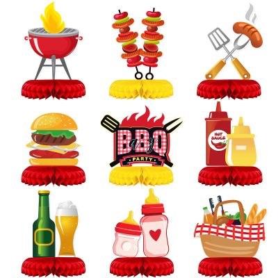 9 Pieces BBQ Baby Shower Decorations BBQ Baby Shower Birthday Honeycomb Centerpieces Table Decor Summer Picnic Party for Carnival Summer Barbecue Holidays Gender Reveal Party Supplies