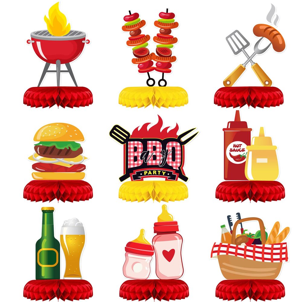 9 Pieces BBQ Baby Shower Decorations BBQ Baby Shower Birthday Honeycomb Centerpieces Table Decor Summer Picnic Party for Carnival Summer Barbecue Holidays Gender Reveal Party Supplies