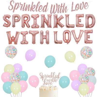 Fangleland Sprinkle Decorations for Girls, Sprinkled With Love Rose Gold Balloon Banner Cake Topper, Gender Reveal Baby Shower Party Supplies