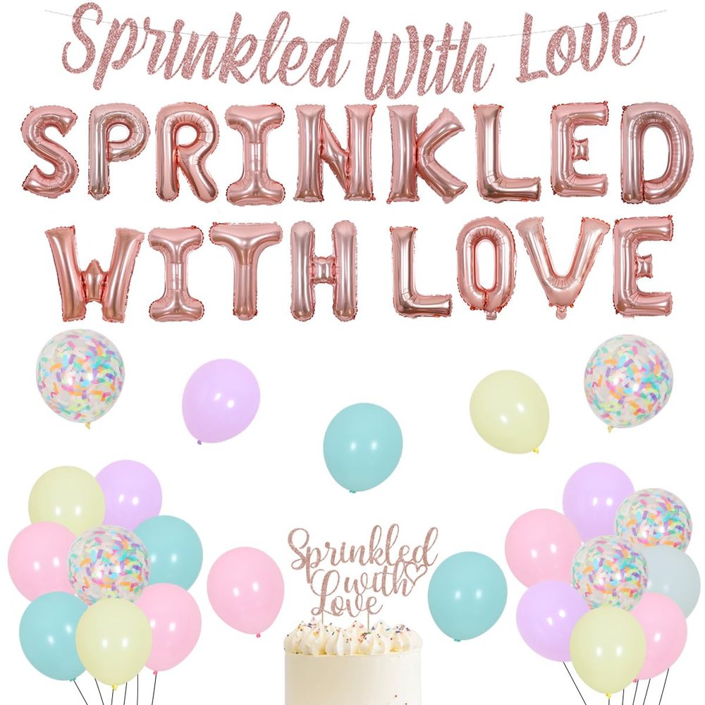 Fangleland Sprinkle Decorations for Girls, Sprinkled With Love Rose Gold Balloon Banner Cake Topper, Gender Reveal Baby Shower Party Supplies
