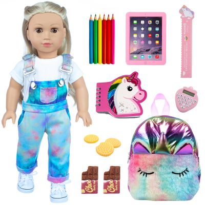 DONTNO American 18 Inch Doll Accessories, Cute School Supplies Set - Denim Suspenders, Doll Bag, Pencil, Ruler