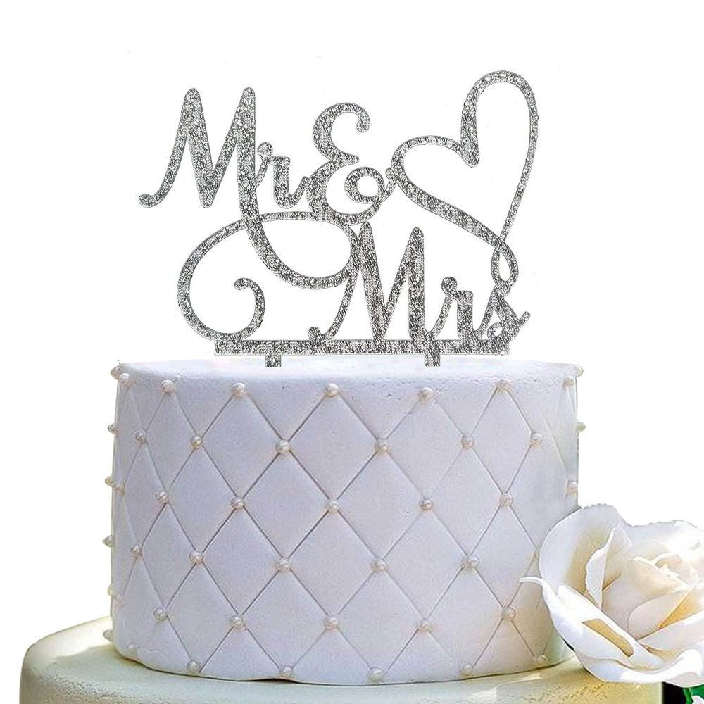 Mr and Mrs Cake Topper - Bride and Groom Sign Wedding, Engagement Cake Toppers Decoration, Silver Glitter Acrylic