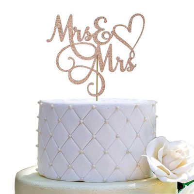 Mrs and Mrs Cake Topper,Wedding and Anniversary Cake Topper,Gay and Lesbian, LGBT Marriage Union,Love is Love (Double Sided Rose Gold Glitter)