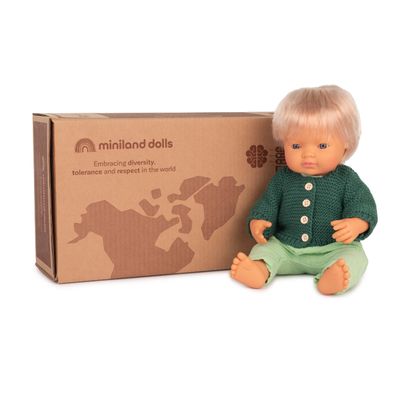 Miniland Doll Gift Box Baby Doll Caucasian Boy 15'' + Forest Outfit - Made in Spain, Gift, Quality, Inclusion, Diversity