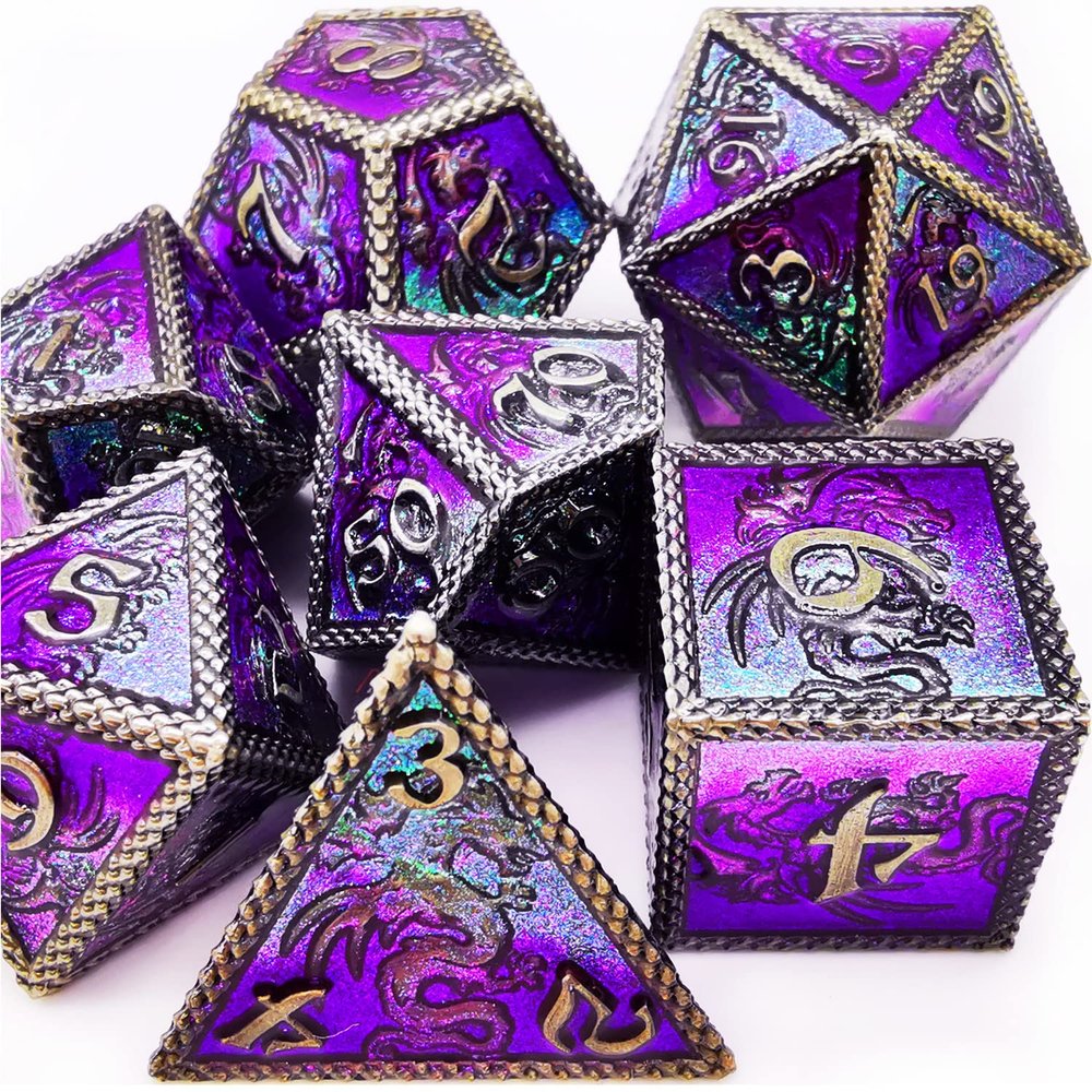 HAOMEJA Dungeons and Dragons Dice Set - Metal 6 Sided Polyhedral Dice for Pathfinder, MTG, Board Games (D20, D12, D10, D8, D6, D4) - Silver, Blue, Purple
