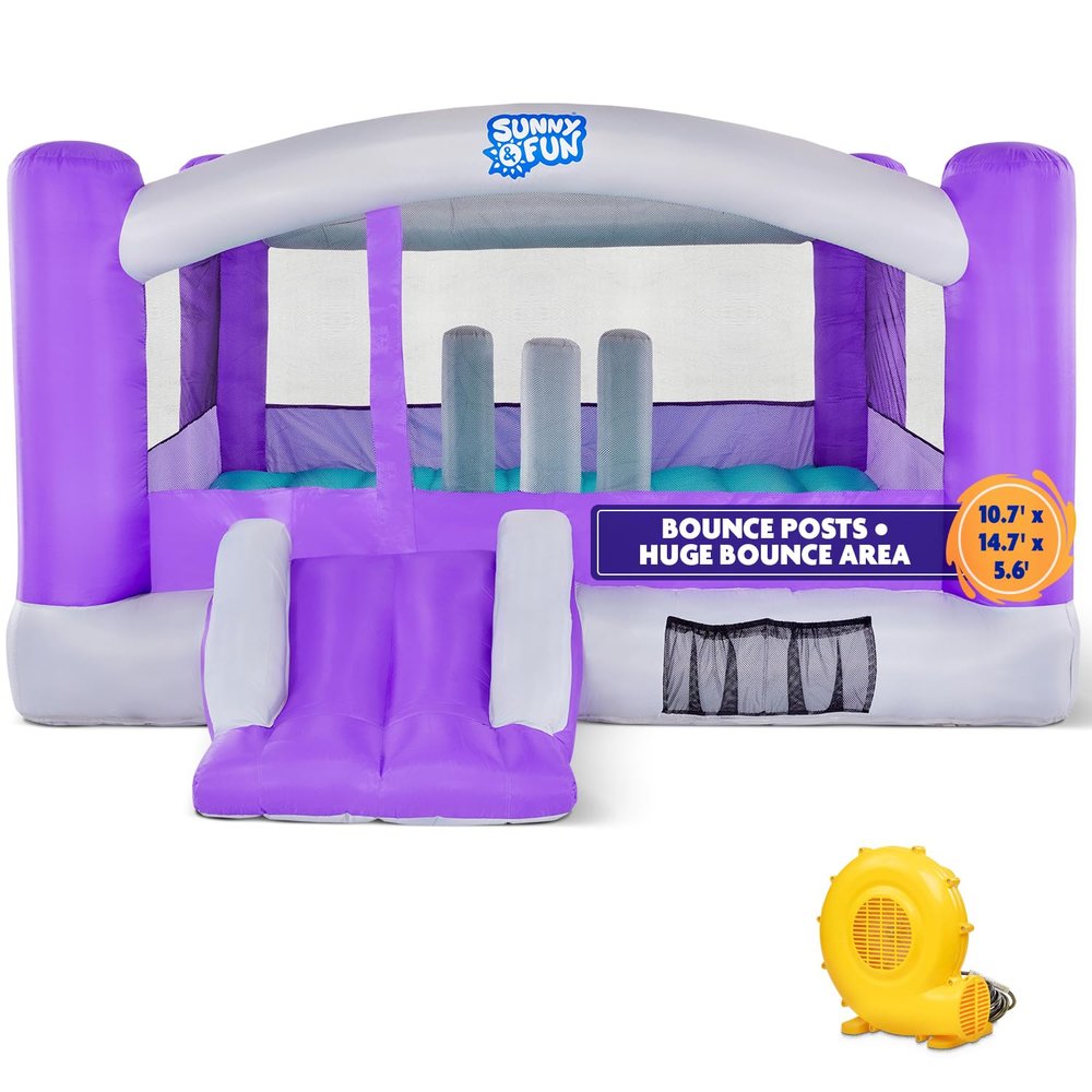 Sunny & Fun Inflatable Bounce House | Giant 12x10.5 Feet Blow-Up Jump Bouncy Castle for Kids with Air Blower, Stakes & Repair Kit | Easy Set Up for Hours of Backyard Play & Party Fun | Ages 3-11