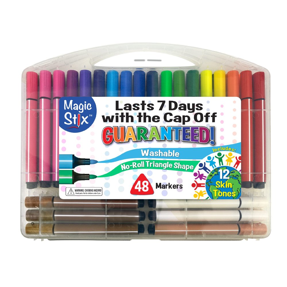 The Pencil Grip Magic Tri Stix, Non-Toxic and Washable Markers For Kids, 48 set, 36 Rainbow + 12 Global Skin Tone Markers, TPG-390