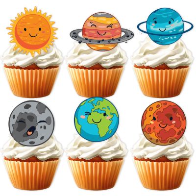 18pcs Glitter Celestial Dessert Cupcake Topper for Solar System Outer Space Universe Theme Decor Supplies Baby Shower Boy Girl Happy Birthday Party Decoration