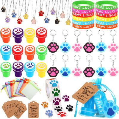 Chivao 85 Pieces Dog Paw Party Favors Set with Paw Silicone Bracelet Stamper Sticker Keychain Pendant Chain Organza Bag and Thank You Tag for Birthday