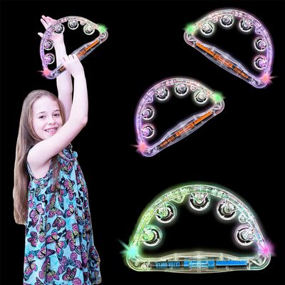 The Dreidel Company Flashing Tambourines Hand Held, 9" Inch Tambourine Flashes in Assorted Colors, Ring Metal Jingles Percussion Musical Educational Hand Instrument, Party Kids Games (2-Pack)