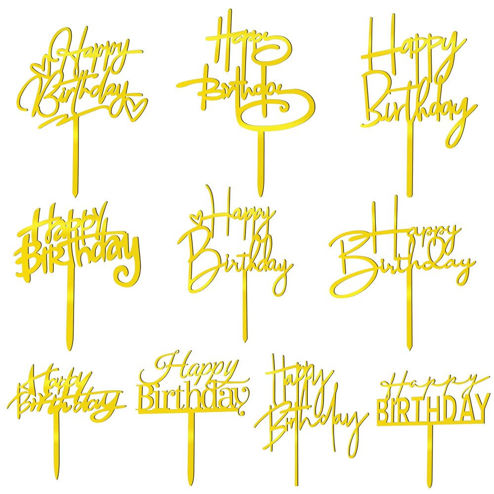 10 PCS Gold Happy Birthday Cake Topper Acrylic Cupcake Topper Birthday Supplies Decorations