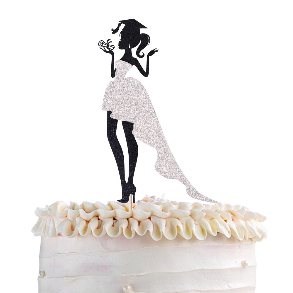 1 Pack Graduation Girl Cake Topper with Glitter Diploma, Graduation Cap, Congrats 2024 Cake Decorations for High School Girls Graduate Party - Silver