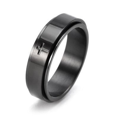 6mm Stainless Steel Cross Spinner Band Ring Stress Relief Christian Jesus Christ Lord Prayer Rotating Fidget for Men Women Anxiety Religious Engagement Wedding Jewelry-Black 10