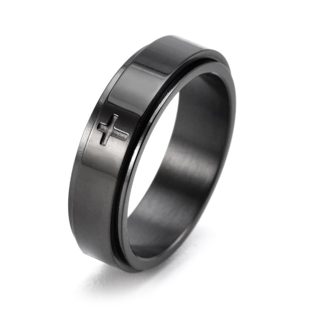 6mm Stainless Steel Cross Spinner Band Ring Stress Relief Christian Jesus Christ Lord Prayer Rotating Fidget for Men Women Anxiety Religious Engagement Wedding Jewelry-Black 10
