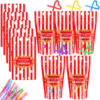 25 Sets Carnival Theme Party Decorations Carnival Bags Carnival Drink Pouches with Straws Reusable Carnival Treat Bags with Zipper for Carnival Party Favors Kids Circus Favor Plastic Circus Party Bag