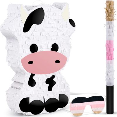 3 Pcs Cow Piata Farm Birthday Party Favors Decorations Supplies Include Large Piata, Stick, Paper Blindfolds for Barnyard Theme Country Outdoor Party Games(Cow)