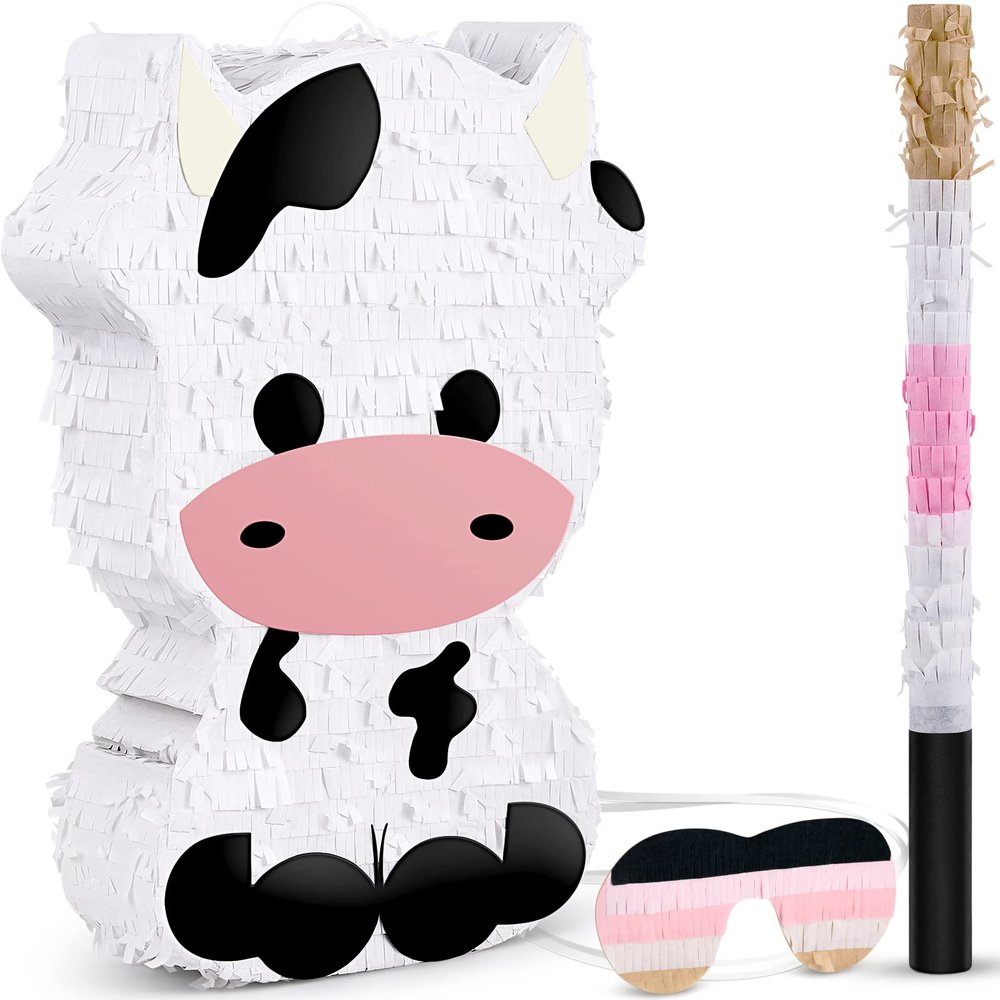 3 Pcs Cow Piata Farm Birthday Party Favors Decorations Supplies Include Large Piata, Stick, Paper Blindfolds for Barnyard Theme Country Outdoor Party Games(Cow)