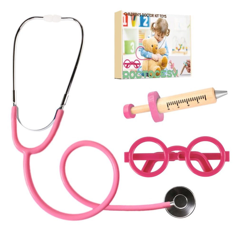 Roctocesy Kids Stethoscope Syringe Glasses Toy, Real Working Nursing Doctor's Stethoscope,Halloween Doctor Costume Cosplay Pretend Play Accessories (Pink)
