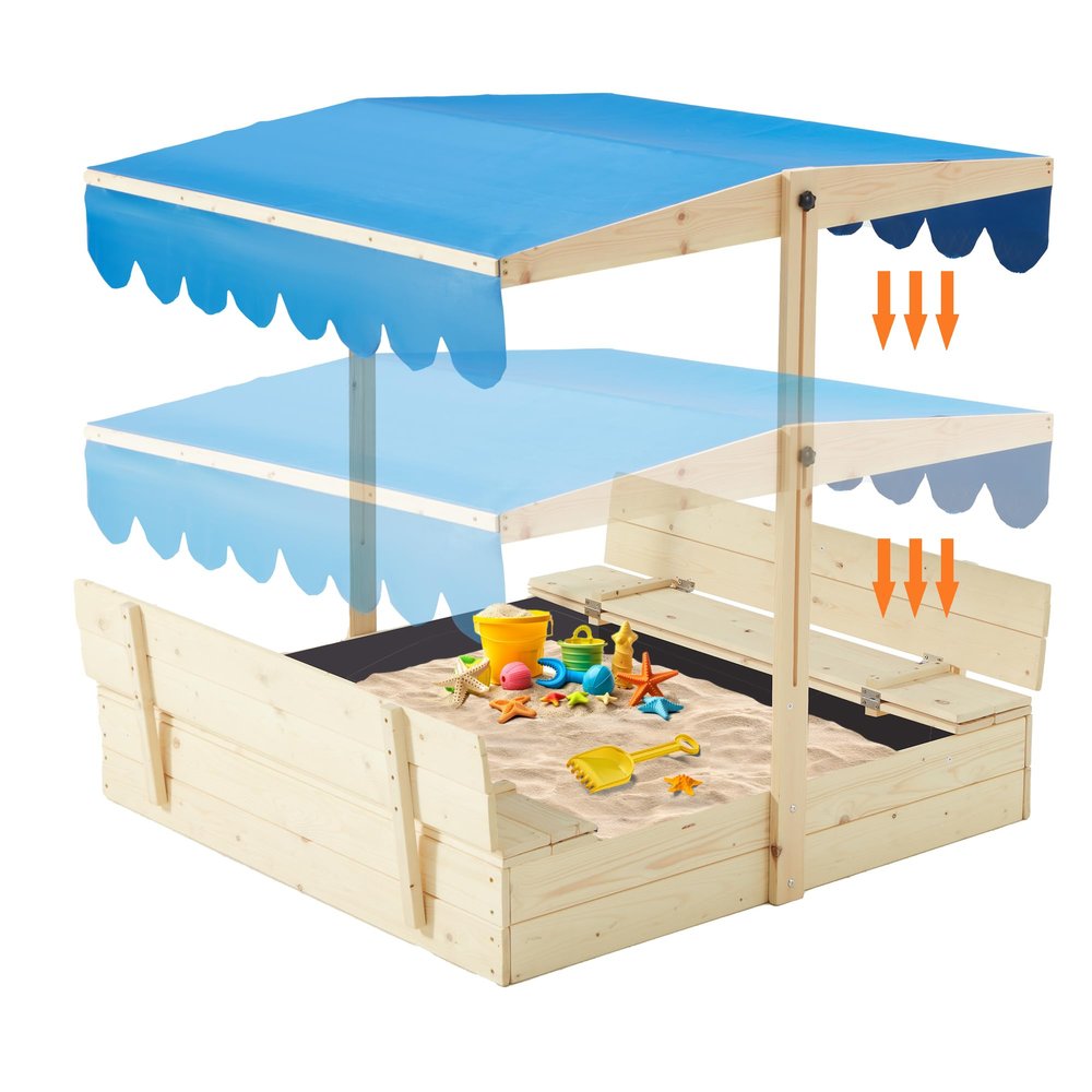 YOLENY Sandbox with Lid,Kids Sandbox with Cover Outdoor,Wooden Sand Box with 2 Foldable Bench Seats for Ages 2-8, Adjustable UV-Resistant Roof & Bottom Liner for Backyard,Beach,Christmas Decorations