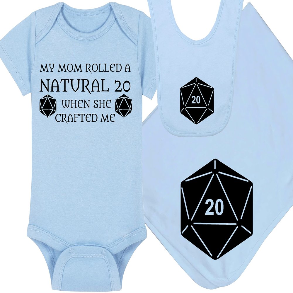 Gaming Baby Onesie and Bib - My Mom Rolled A Natural 20 When She Crafted Me - Solid D20 Die (12-18 Month - Blue Fabric - Black Design)