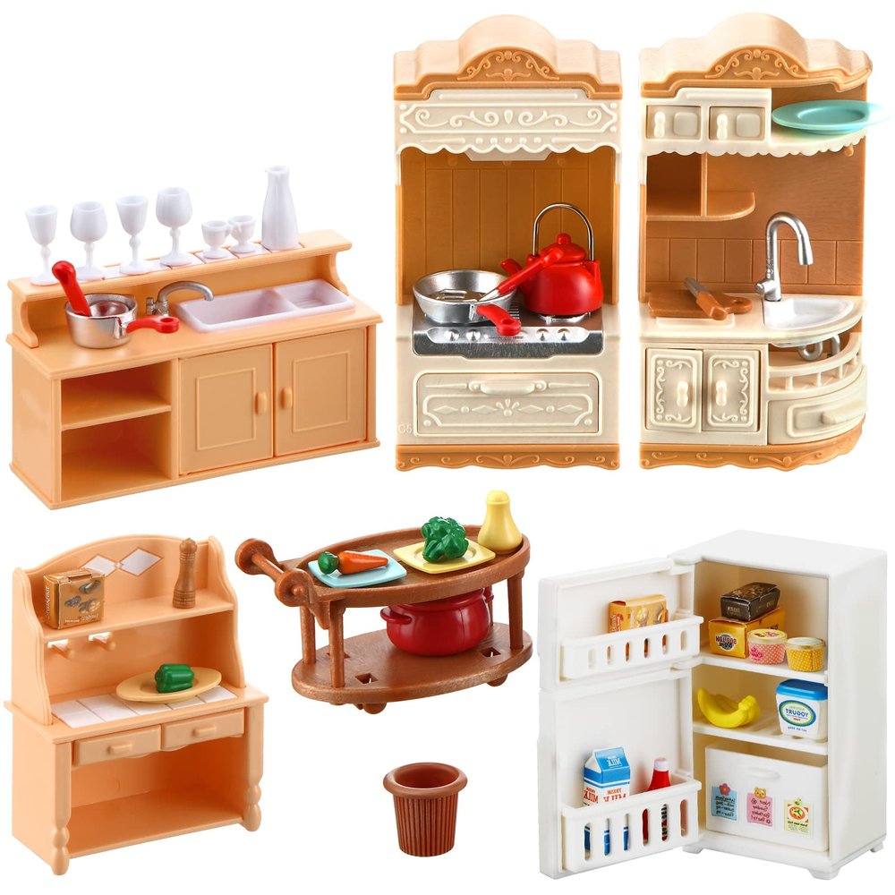 43 Pcs Dollhouse Furniture Kitchen Play Set Miniature Refrigerator with Mini Food Pots and Pans Set Pretend Kitchen Accessories Toys
