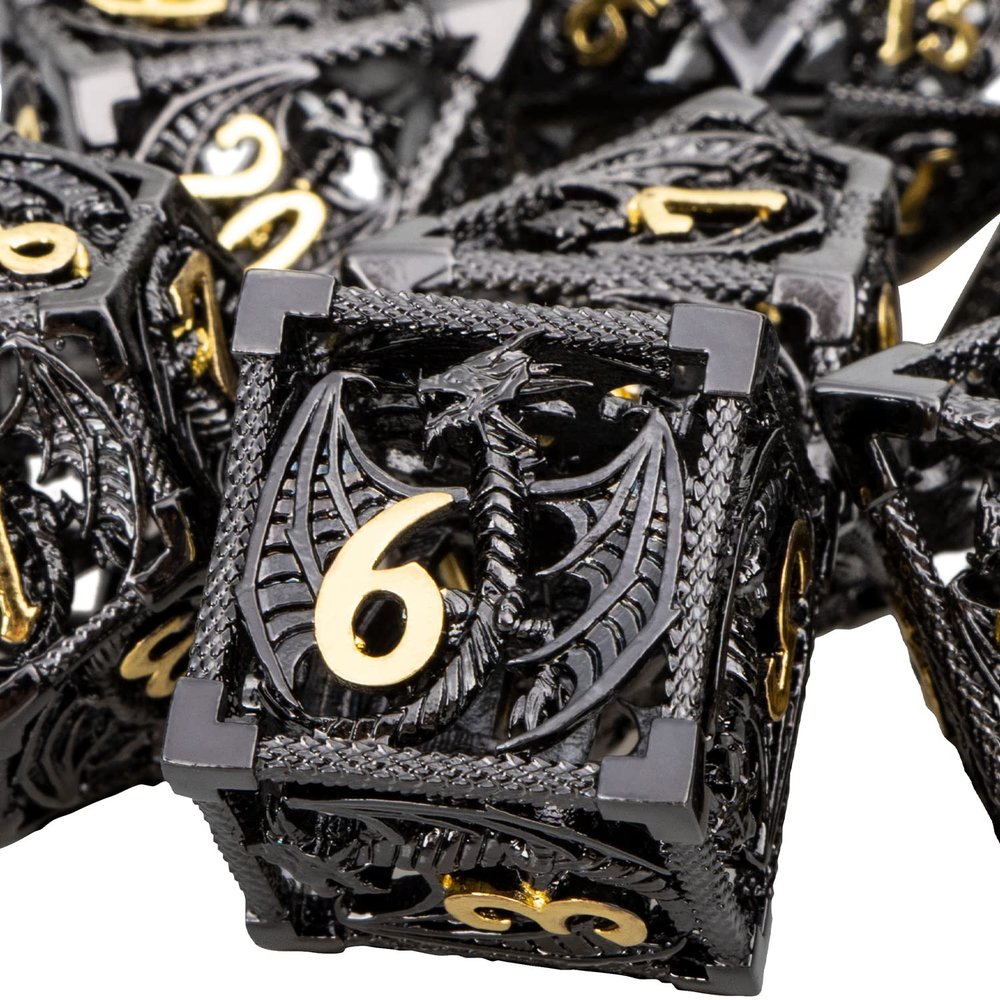ARUOHHA Hollow DND Metal Dice Set Black Gold Dragons D and D Dice, RPG Role Playing Games Dungeons Polyhedral Dice with Gift Box D20 D12 D10 D8 D6 D4