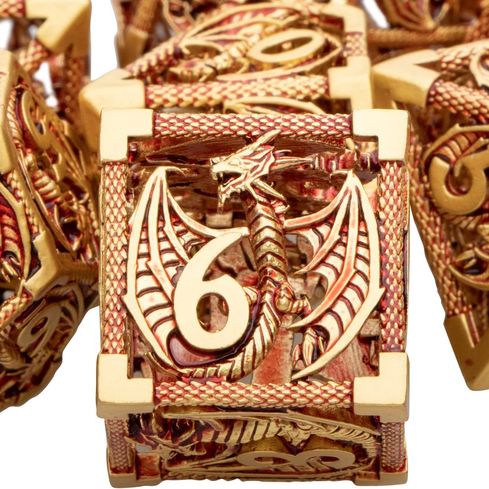 ARUOHHA Hollow DND Metal Dice Set Golden Red Dragons D and D Dice, RPG Role Playing Games Dungeons Polyhedral Dice with Gift Box D20 D12 D10 D8 D6 D4