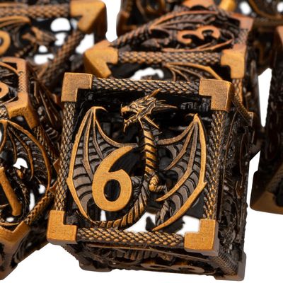 ARUOHHA Hollow DND Metal Dice Set Ancient Gold Dragons D and D Dice, RPG Role Playing Games Dungeons Polyhedral Dice with Gift Box D20 D12 D10 D8 D6 D4