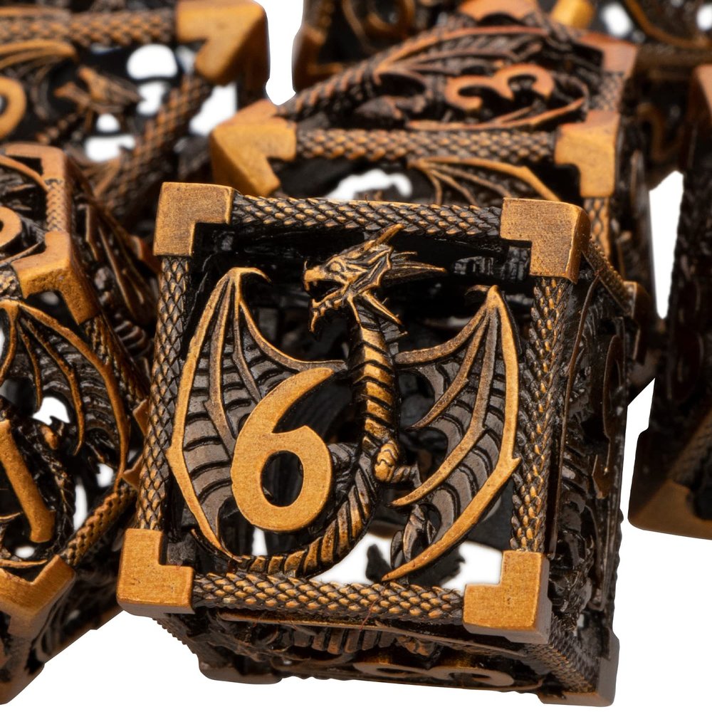 ARUOHHA Hollow DND Metal Dice Set Ancient Gold Dragons D and D Dice, RPG Role Playing Games Dungeons Polyhedral Dice with Gift Box D20 D12 D10 D8 D6 D4