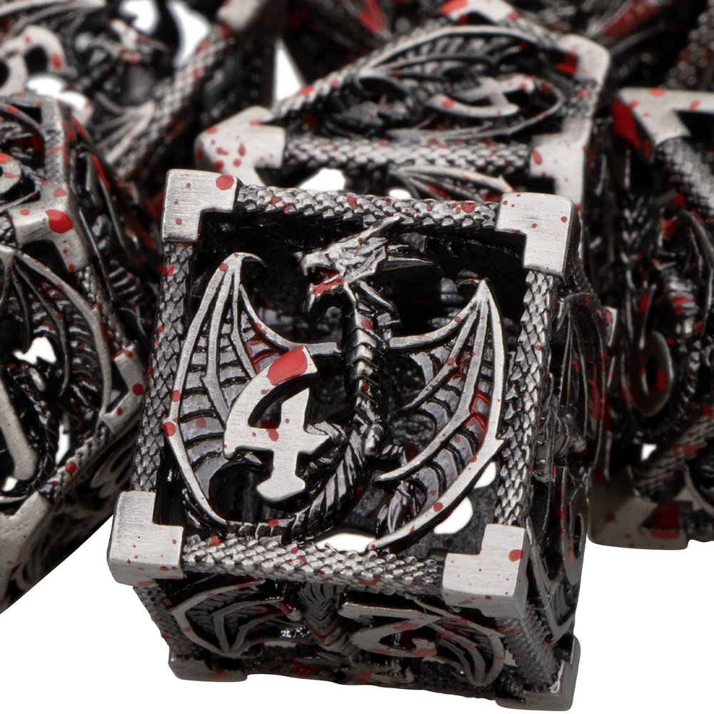 ARUOHHA Hollow DND Metal Dice Set Blood Dragons D and D Dice, RPG Role Playing Games Dungeons Polyhedral Dice with Gift Box D20 D12 D10 D8 D6 D4