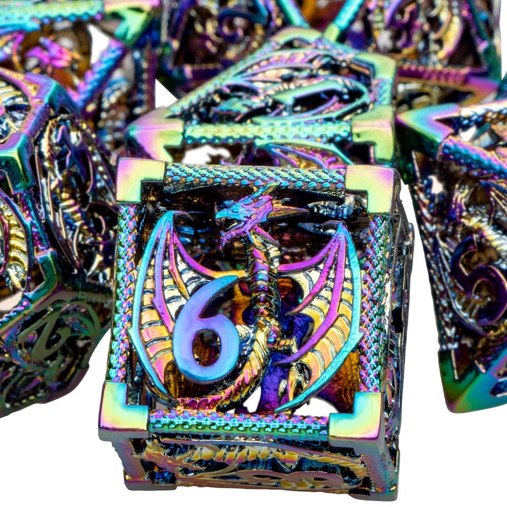 ARUOHHA Hollow DND Metal Dice Set Rainbow Dragons D and D Dice, RPG Role Playing Games Dungeons Polyhedral Dice with Gift Box D20 D12 D10 D8 D6 D4