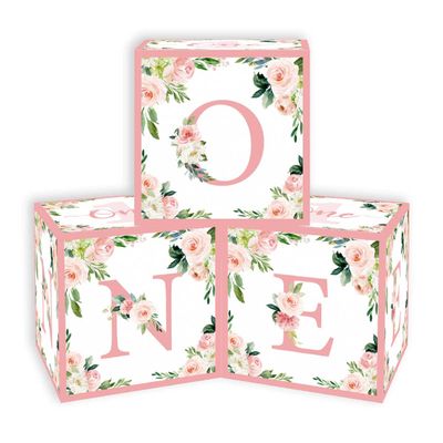 Floral One Boxes for 1st Birthday Girl - 3pcs Rose Gold Floral One Balloons Blocks, First Birthday Balloons One Boxes for Baby Girl, Pink Floral 1st Birthday Decorations
