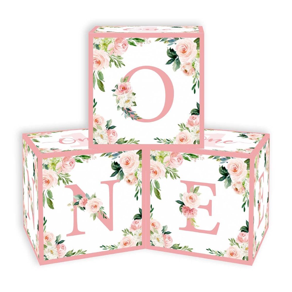 Floral One Boxes for 1st Birthday Girl - 3pcs Rose Gold Floral One Balloons Blocks, First Birthday Balloons One Boxes for Baby Girl, Pink Floral 1st Birthday Decorations