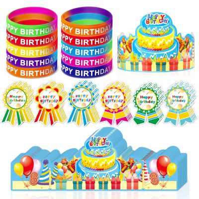 LACCHOUFEE 90 Pieces Happy Birthday Kits for Kids Classroom - Include Adjustable Happy Birthday Hats, Colored Silicone Stretch, Badge Stickers - School Teachers Students Kindergarten Party Supplies