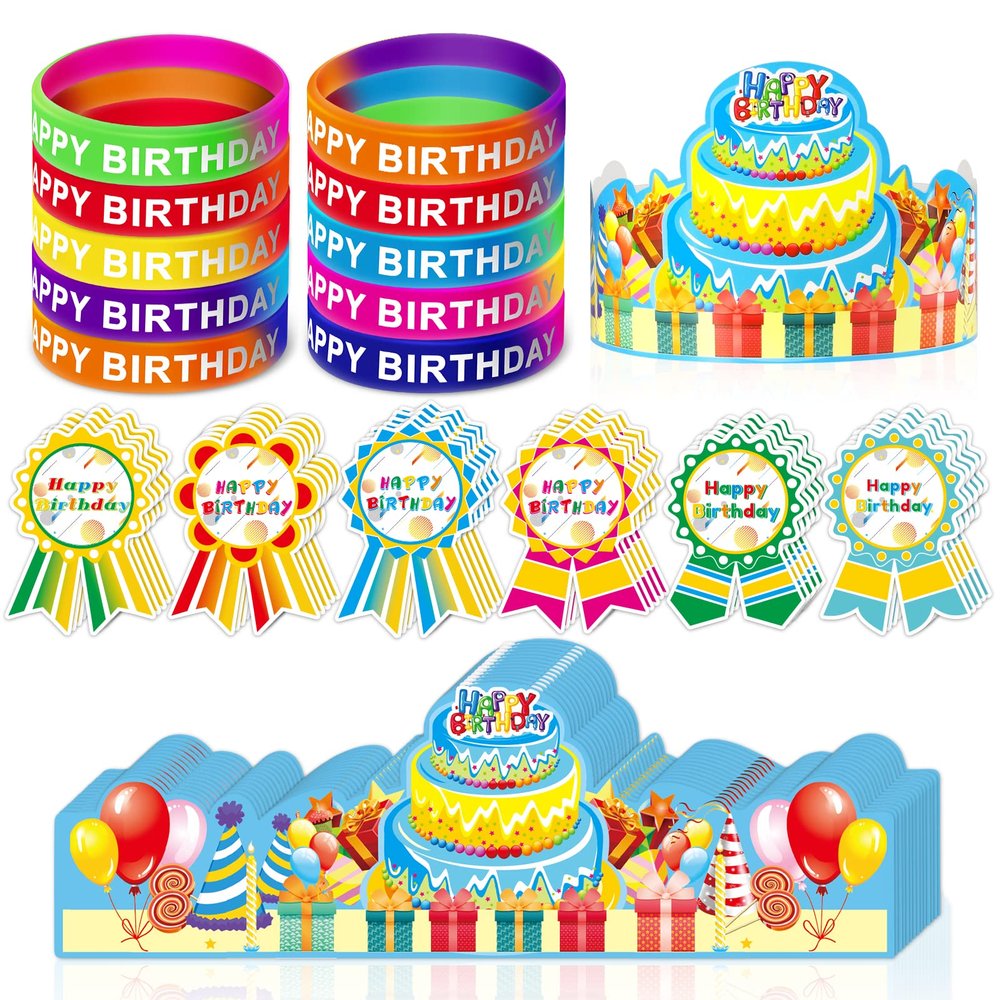LACCHOUFEE 90 Pieces Happy Birthday Kits for Kids Classroom - Include Adjustable Happy Birthday Hats, Colored Silicone Stretch, Badge Stickers - School Teachers Students Kindergarten Party Supplies