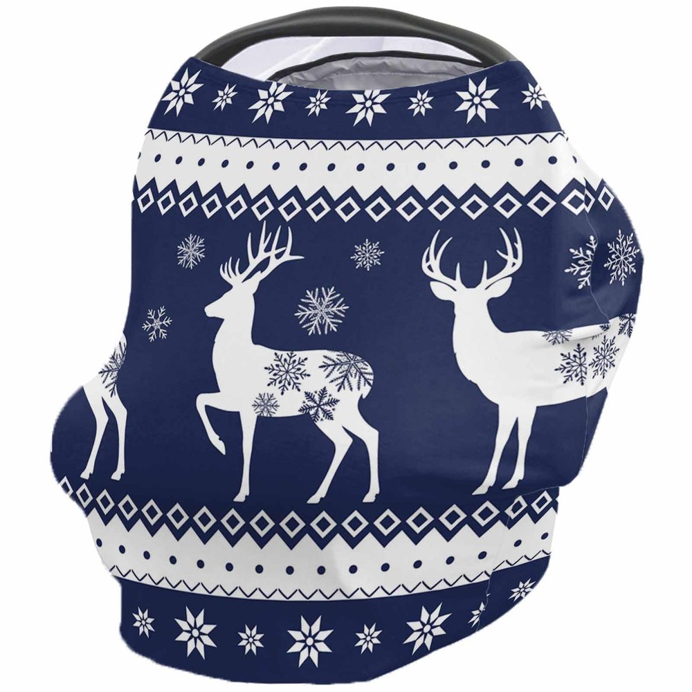 Baby Car Seat Covers Christmas Elk Winter Snowflake Blue Nursing Covers Breastfeeding Scarf Soft Stretchy Carseat Canopy Cover Shopping Cart Cover Stroller Covers for Baby Girls Boys