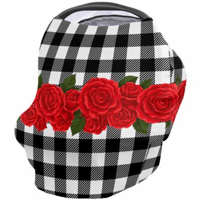 Baby Car Seat Covers Valentine's Day Red Rose on Black White Buffalo Plaid Nursing Covers Breastfeeding Scarf Soft Stretchy Carseat Canopy Cover Shopping Cart Cover Stroller Covers for Baby Girls Boys